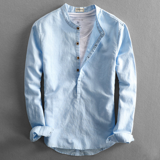 Simple Men's Casual Long Linen Sleeves Shirt Loose Solid Color