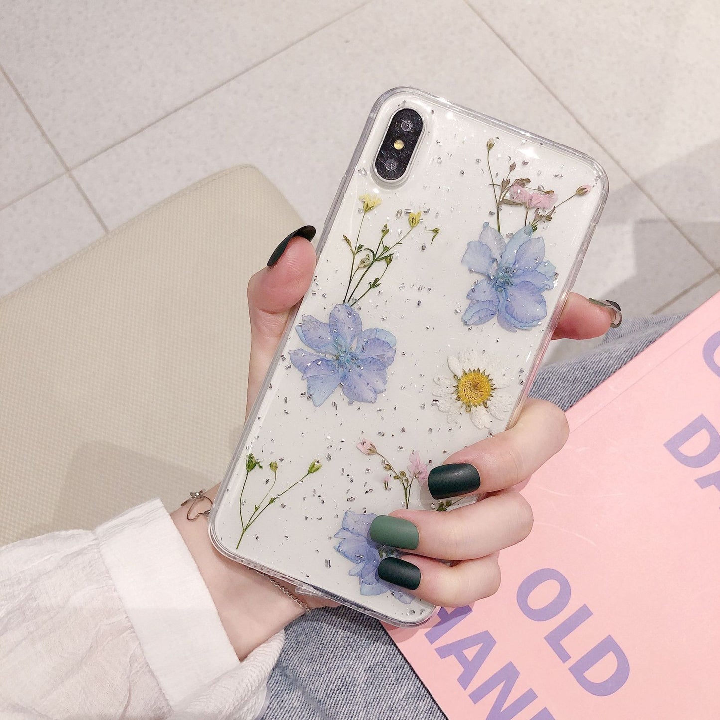 Fashion Glitter Real Dry Pressed Flower Phone Case Transparent Silicone Cover