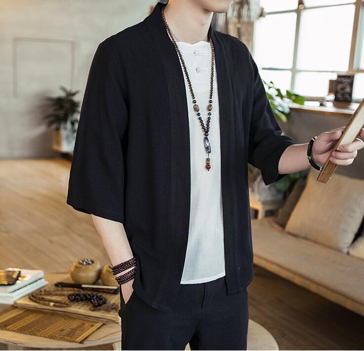 Summer men's Chinese style cotton and linen solid color Hanfu seven-point sleeve cardigan shirt men's fashion trend shirt