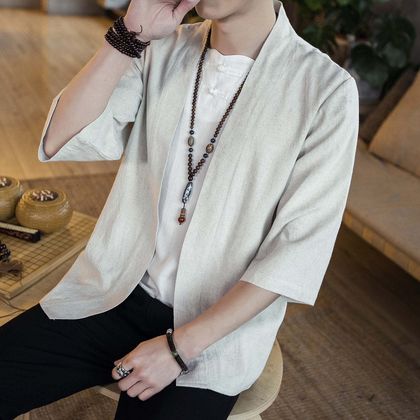 Summer men's Chinese style cotton and linen solid color Hanfu seven-point sleeve cardigan shirt men's fashion trend shirt