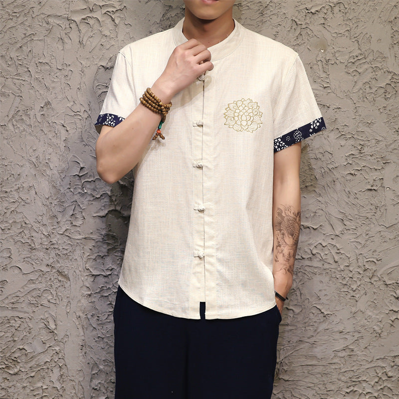 new men's cotton and linen short-sleeved shirt Buddha Chinese style linen shirt delicate embroidery buckle large size male