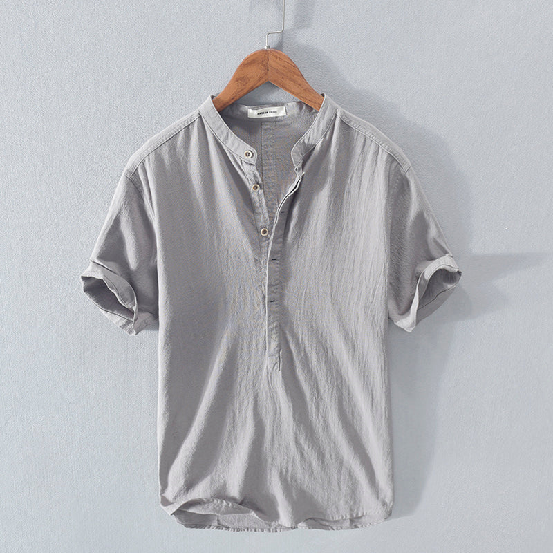 Men's Stand Collar Japanese Ice Silk Linen Short Sleeve T-shirt