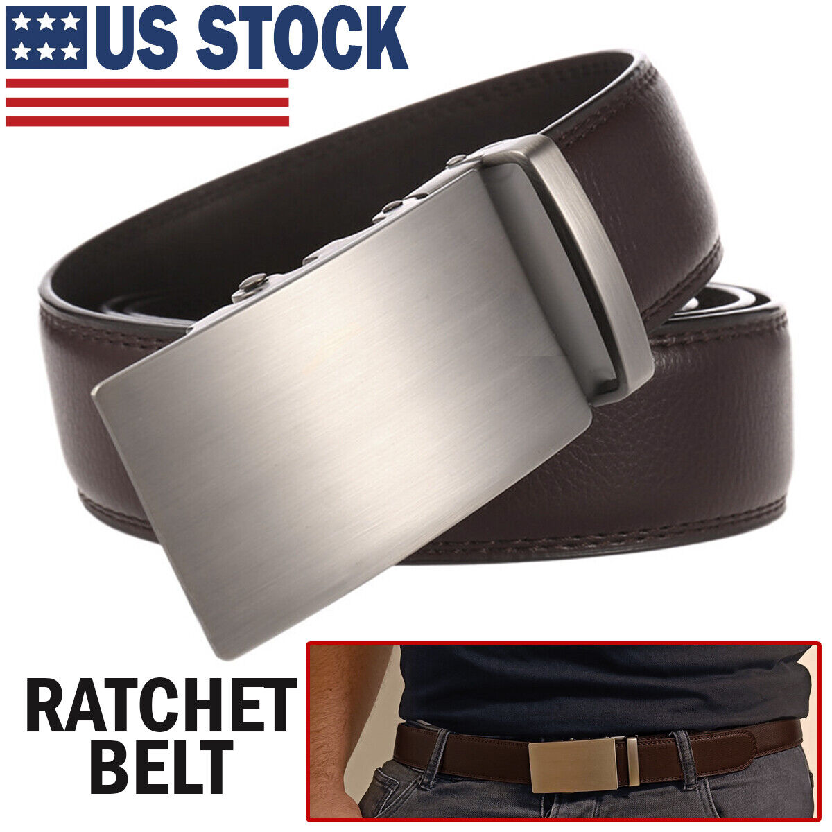 Microfiber Leather Mens Ratchet Belt Belts For Men Adjustable Automatic Buckle Dark Brown