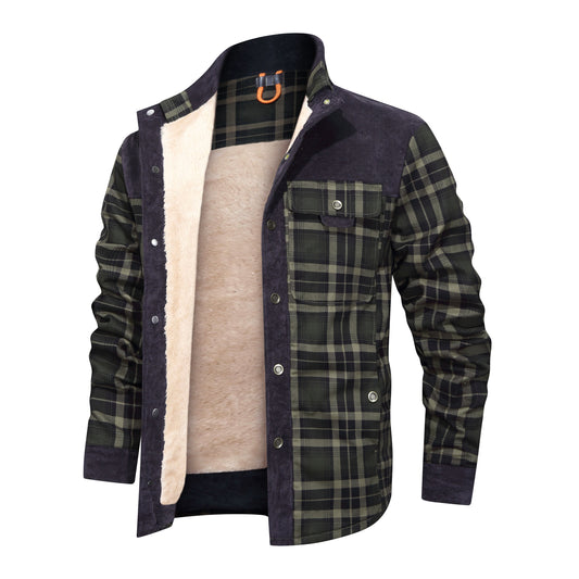 Thickened Shirt Jacket With Classic Plaid Fuzzy Fleece Lining Inside Design