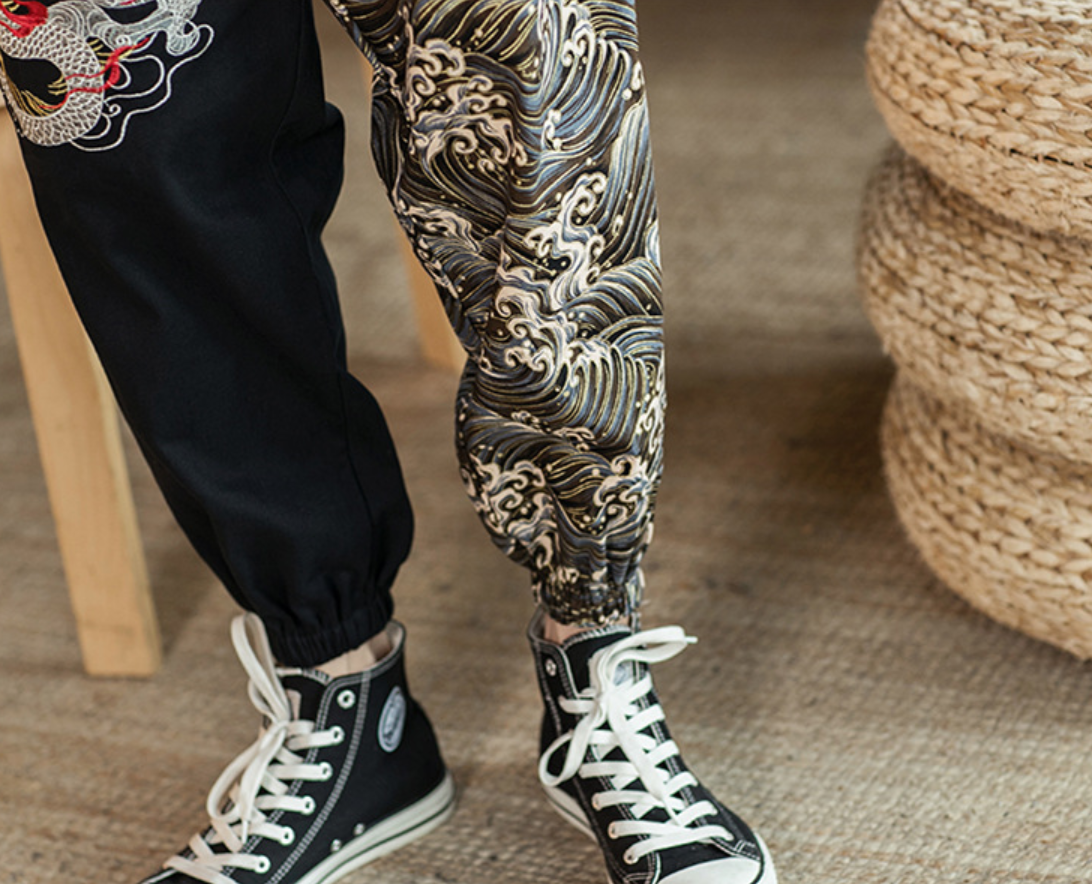 Embroidered silver dragon trousers