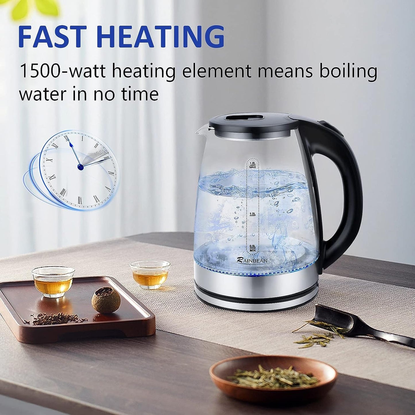 Electric Kettle Water Boiler, 1.8L Electric Tea Kettle, Wide Opening Hot Water Boiler With LED Light, Auto Shut-Off & Boil Dry Protection, Glass Black
