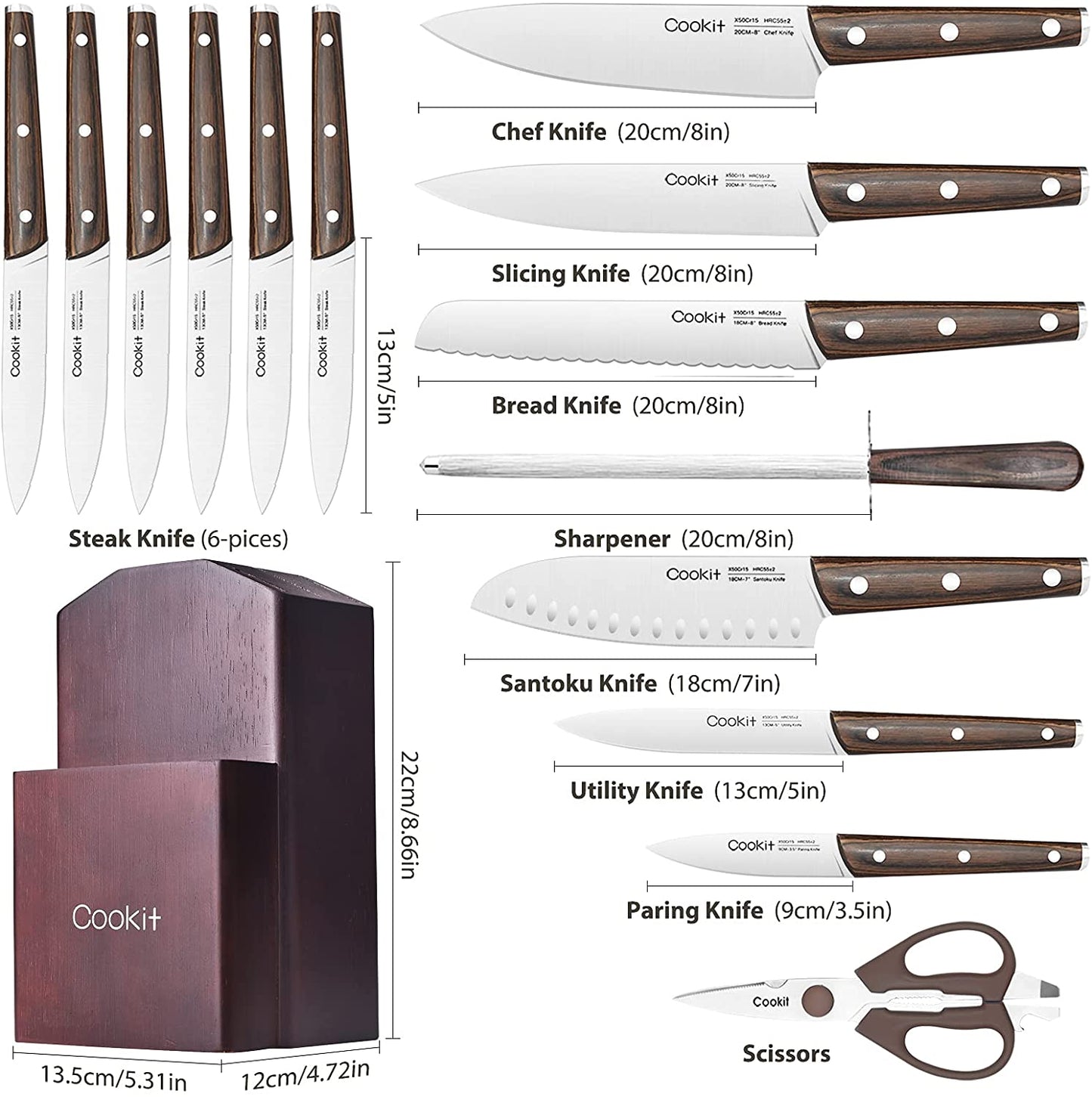 Kitchen Knife Sets, 15 Piece Knife Sets with Block for Kitchen Chef Knife Stainless Steel Knives Set Serrated Steak Knives with Manual Sharpener Knife Amazon Platform Banned