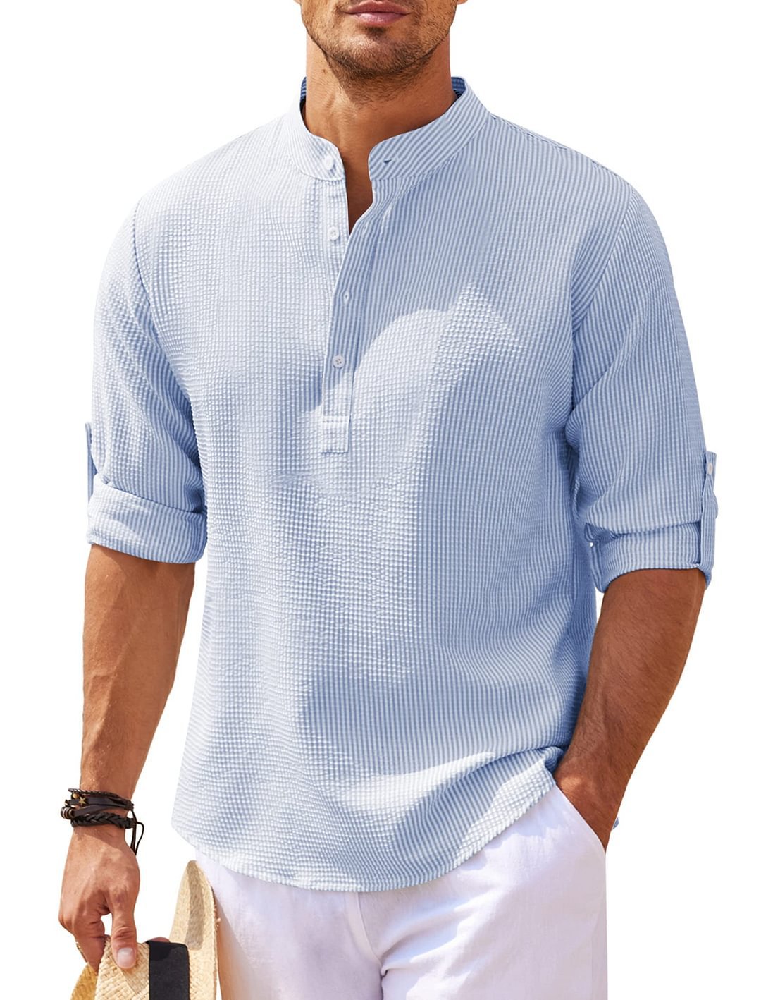 Men's Casual Shirt  Long Sleeve Stand Collar Solid Color Shirt Mens Clothing