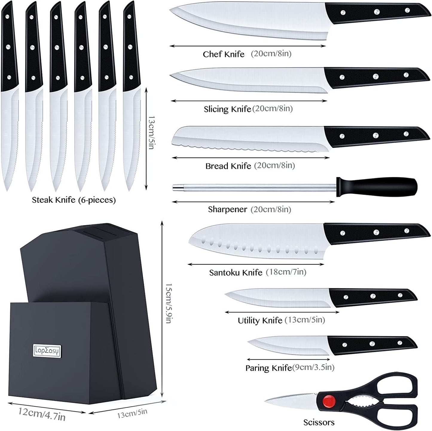 Knife Set With Block,  LapEasy 15 Pieces Kitchen Knife Set With Pine Block Holder, Knife Block Set With Sharpener,  High Stainless Steel Knives With Comfortable-Grip ABS Handles.