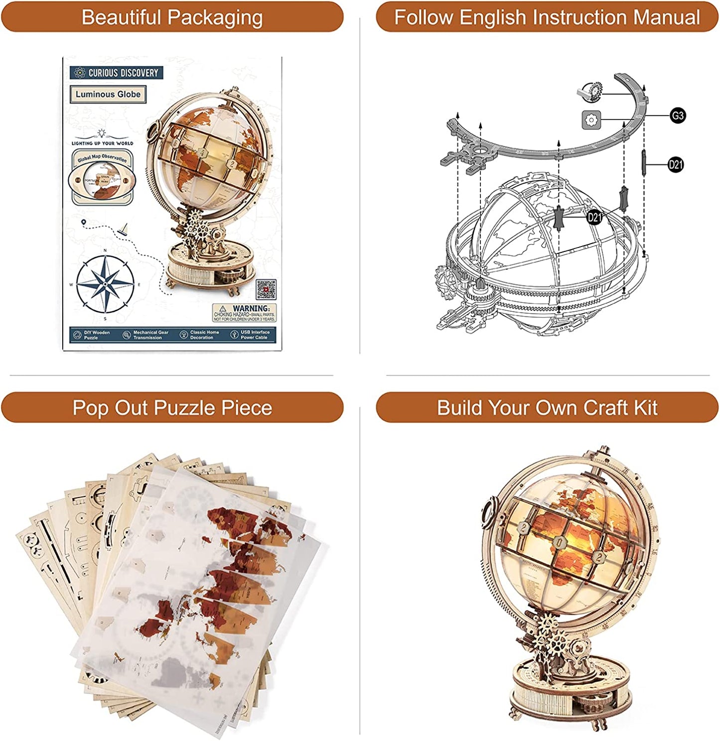 Rokr Luminous Globe 3D Wooden Hot Selling 180PCS Model Building Block Kits Toy