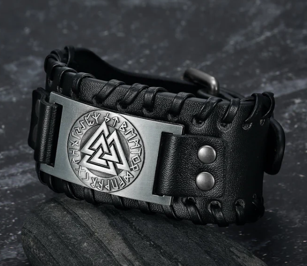 Nordic Viking Totem Triangle Energy Men's Leather Bracelet