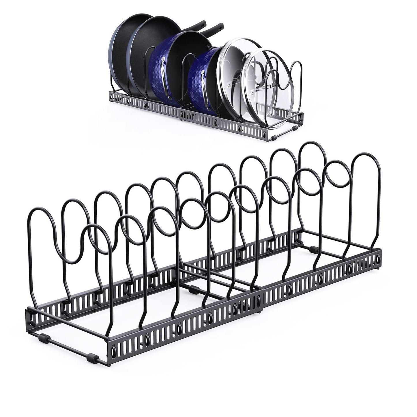 Expandable Pans Organiser Rack,Pot And Pan Lid Holder With 10 Adjustable Dividers,Bakeware Saucepan Lid Storage For Kitchen Cupboard, Black