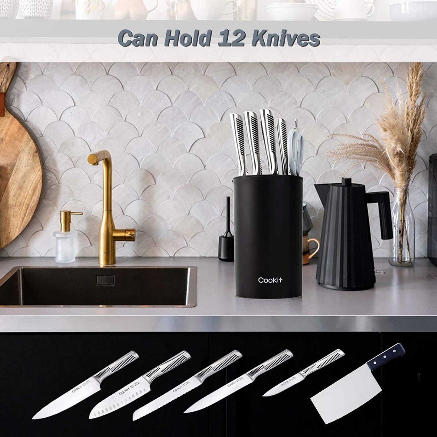 Knife Block Holder, Universal Knife Block without Knives, Unique Double-Layer Wavy Design, Round Black Knife Holder for Kitchen, Space Saver Knife Storage with Scissors Slot Amazon Platform Banned