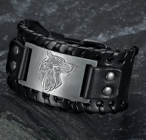 Asgard Crafted Leather Buckle Arm Cuff With Fenrir Design