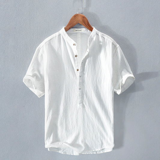 Men's Stand Collar Japanese Ice Silk Linen Short Sleeve T-shirt