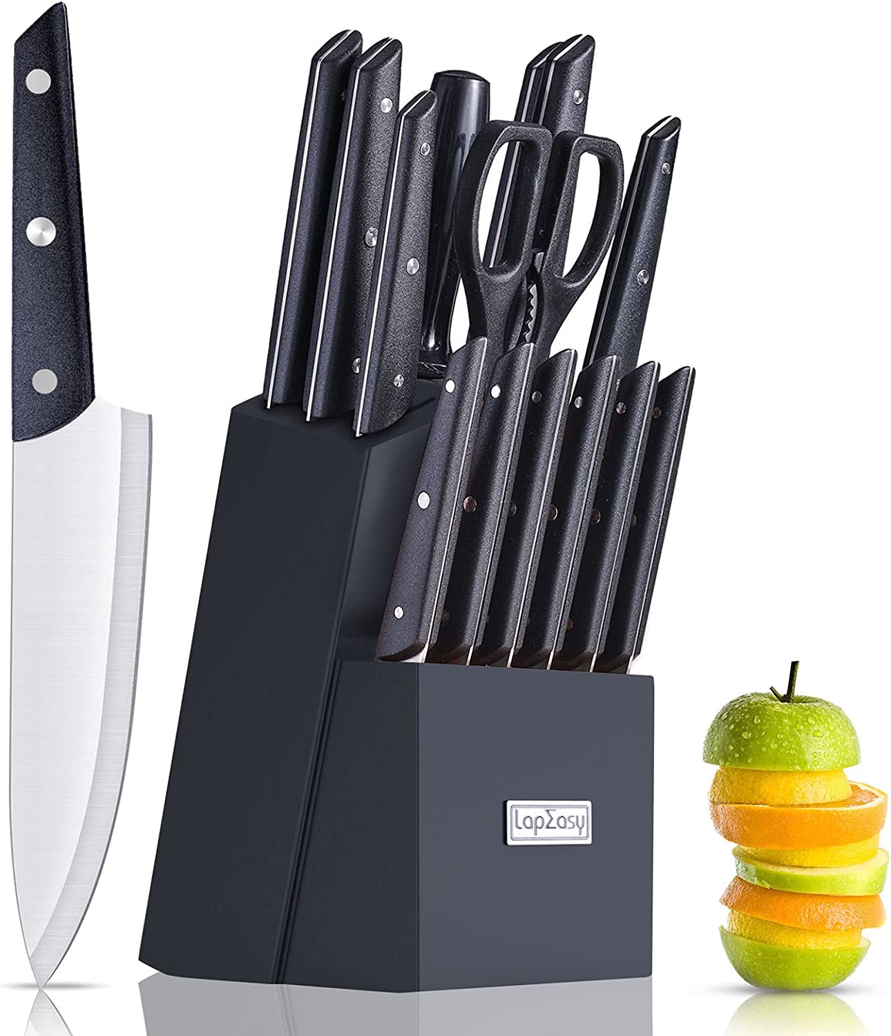 Knife Set With Block,  LapEasy 15 Pieces Kitchen Knife Set With Pine Block Holder, Knife Block Set With Sharpener,  High Stainless Steel Knives With Comfortable-Grip ABS Handles.